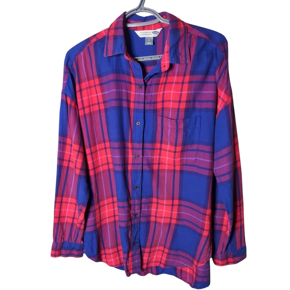 Old Navy Women's Plaid Boyfriend Flannel Shirt Red Blue Purple‎ Size Medium